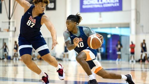 Georgia Tech guard Deivon Smith (with ball) at USA Basketball's U19 tryouts at TCU in Fort Worth, Texas on June 20, 2021. (Cooper Neill for USA Basketball)