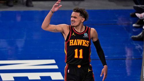 Atlanta Hawks' Trae Young reacts during the second half of Game 1 of first-round playoff series against the New York Knicks, Sunday, May 23, 2021, in New York. The Hawks won 107-105. (Seth Wenig/AP)