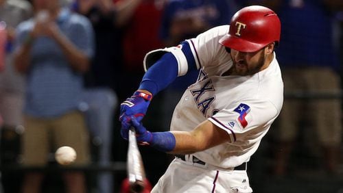 Texas Rangers'Joey Gallo (13) connects for a three-run home run in the ninth inning to beat the Oakland Athletics 5-2 on Friday, May 12, 2017 at Globe Life Park in Arlington, Texas. (Richard W. Rodriguez/Fort Worth Star-Telegram/TNS)