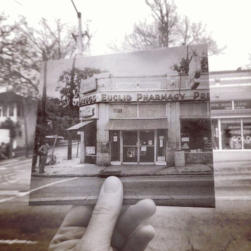 Christopher Moloney takes photos of movie stills set against the real-life scenery where they were shot. In 2014, Moloney moved to Atlanta and began to explore the city in the same way. This image shows the Euclid Avenue Pharmacy in Little Five Points. (Christopher Moloney. Used with permission)