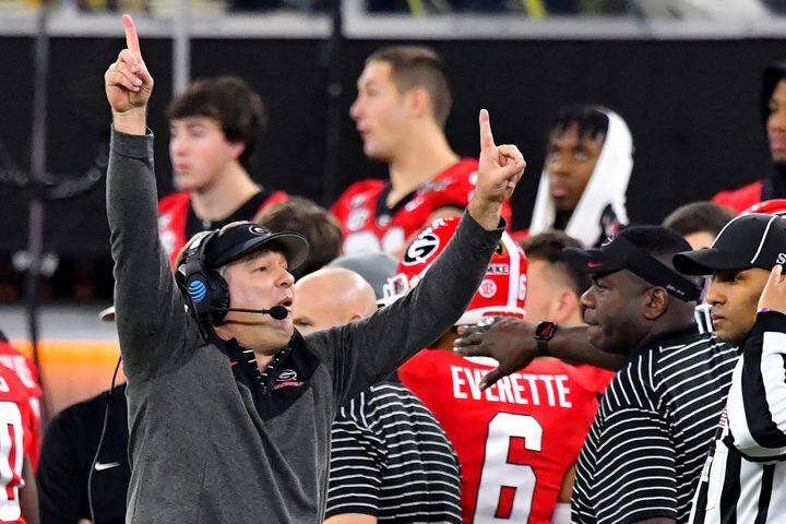 Georgia Bulldogs head coach Kirby Smart reacts against the TCU Horned Frogs during the first half of the College Football Playoff National Championship at SoFi Stadium in Los Angeles on Monday, January 9, 2023. (Hyosub Shin / Hyosub.Shin@ajc.com)