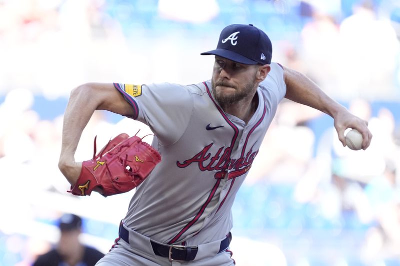 Atlanta Braves' Chris Sale delivers a pitch during the first inning of a baseball game against the Miami Marlins, Saturday, April 13, 2024, in Miami. (AP Photo/Wilfredo Lee)