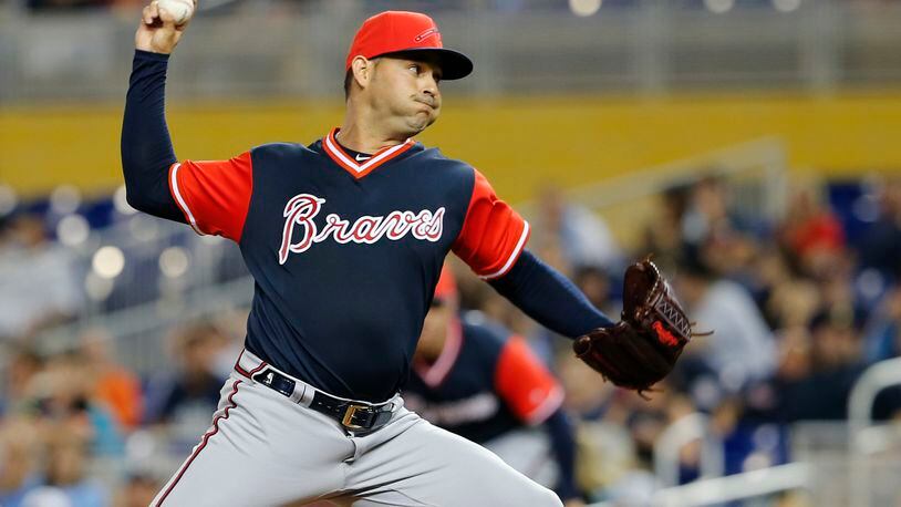 Atlanta Braves starting pitcher Anibal Sanchez throws against the Miami Marlins in the first inning of a baseball game in Miami, Saturday, Aug. 25, 2018. (AP Photo/Joe Skipper)