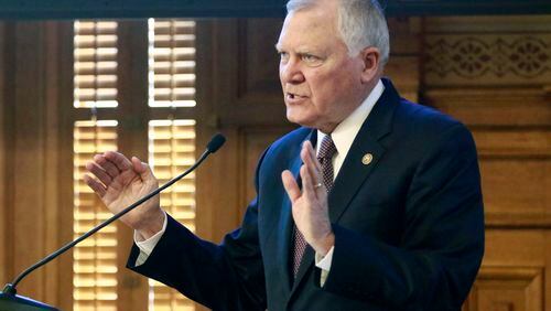 Gov. Nathan Deal addresses the joint House and Senate budget committees today. Deal and the state's chief fiscal economist opened a week of legislative budget hearings Tuesday by presenting Georgia's economic outlook for the next year. BOB ANDRES / BANDRES@AJC.COM