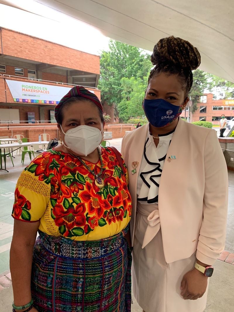 La’Nita Johnson, who now works for USAID/Guatemala in the Health and Education Office, is shown with Guatemalan Nobel Peace Prize winner and activist Rigoberta Menchu. (Courtesy of La’Nita Johnson)