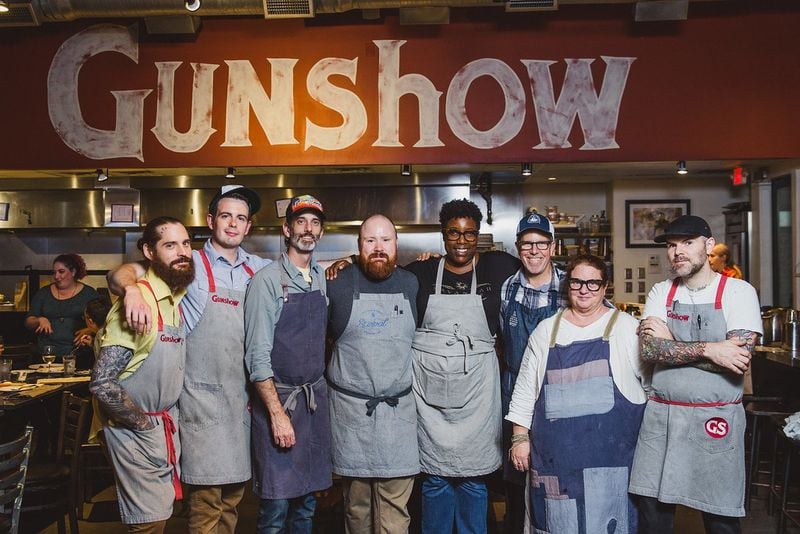 Kevin Gillespie, fourth from left, poses with other chefs at the Georgia Organics 20th anniversary dinner held Oct. 8, 2017, at Gunshow. Chefs who prepared a special meal for the organization’s 20th anniversary dinner Oct. 8 at Gunshow include, from left: Chris McCord, Joey Ward (Gunshow executive chef), Steven Satterfield, Kevin Gillespie, Mashama Bailey, Michael Tuohy, Anne Quatrano and Billy Cole. (Photo credit: David Crawford)