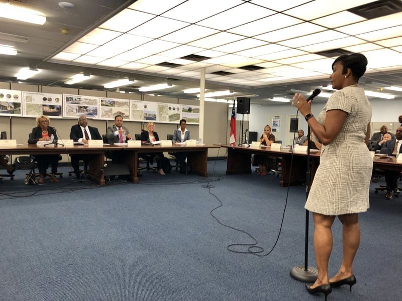 Atlanta Mayor Keisha Lance Bottoms, right, addressed the McPherson Implementing Local Redevelopment Authority board Monday, Aug. 26, 2019. J. SCOTT TRUBEY / STRUBEY@AJC.COM