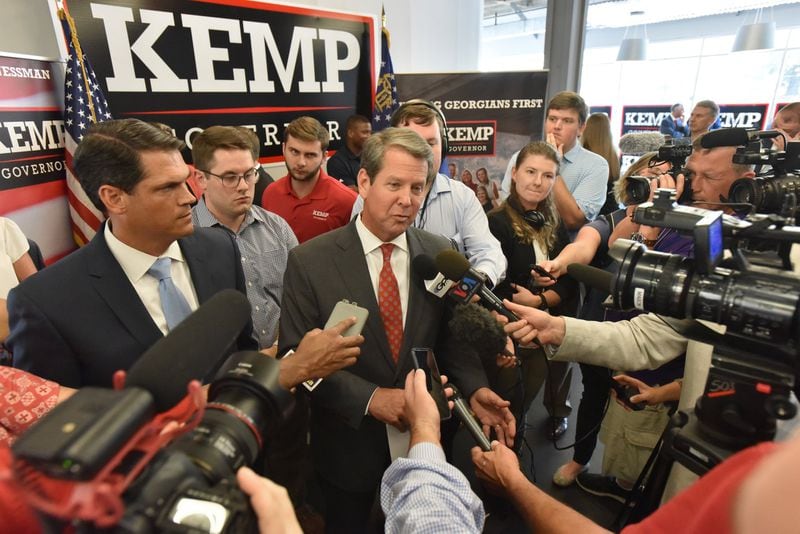 Secretary of State Brian Kemp, the Republican candidate for governor, speaks to reporters during a news conference at his campaign headquarters in Buckhead on Sept. 19, 2018. 