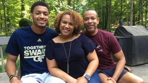 Georgia Tech freshman wide receiver Zach Owens, with his parents, Roxanne and Byron Owens, at their Cobb County home in May 2019. Owens intends to study business and aspires to become an entrepreneur. (Ken Sugiura/AJC)