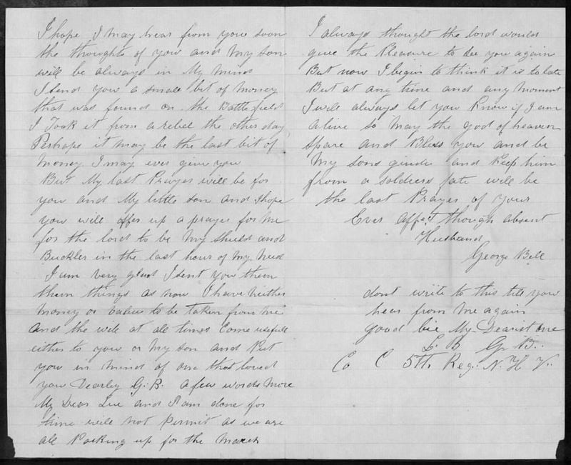 “I always thought the Lord would give the pleasure to see you again,” George Bell wrote on May 25, 1864. “But now I begin to think it is too late.” Bell served as a private with the 5th New Hampshire Infantry Regiment and was captured during the Battle of Cold Harbor near Richmond, Virginia. He was imprisoned at Camp Sumter in southwest Georgia, where he died of scurvy. (Courtesy of the Andersonville Irish Project)