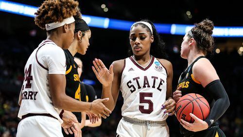 Anriel Howard (5) of the Mississippi State Bulldogs women’s basketball team, here shown during the game against Arizona State in the NCAA tournament Sweet 16 on March 29, 2019, is from Westlake High School in Atlanta. (Photo by Kelly Donoho/Mississippi State Athletics)