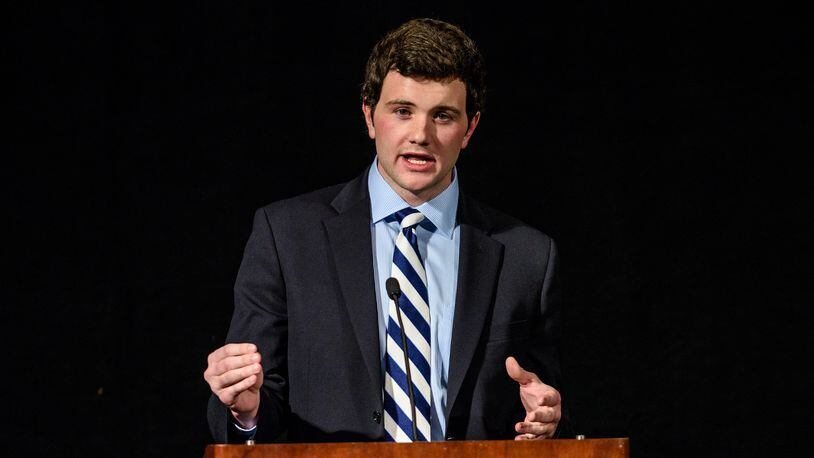 Former Georgia Tech offensive lineman Chase Roberts delivered a speech at a dinner for scholarship donors in January. (GT Athletics/Danny Karnik)