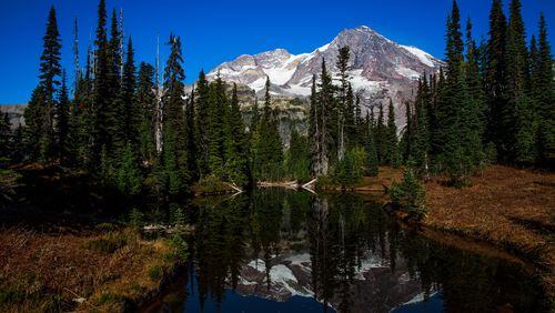 
                        FILE — Mount Rainier is reflected in a lake in Mount Rainier National Park, Wash., Oct. 20, 2018. New to implementing timed-entry reservations for vehicles is Mount Rainier National Park, for its popular Paradise and Sunrise Corridors during certain times in the summer season. (Max Whittaker/The New York Times)
                      