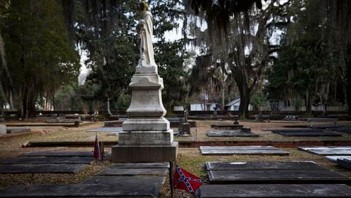 A section of the Old Live Oak Cemetery where Confederate soldiers are buried, in Selma, Alabama. A stone chair dedicated to Jefferson Davis has been returned to the United Daughters of the Confederacy after a group calling itself White Lies Matter claimed to have stolen it. (Josh Haner/The New York Times)