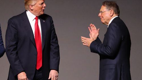 April 28, 2017, Atlanta: CEO Wayne LaPierre, whose welcoming remarks included a (presumably figurative) suggestion to give the media a black eye, introduces President Donald J. Trump at the NRA-ILA Leadership Forum on Friday, April 28, 2017, in Atlanta. Curtis Compton/ccompton@ajc.com