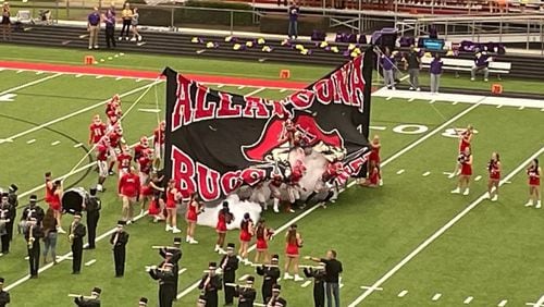 Allatoona players take the field for their game against Cartersville in Acworth on Sept. 2, 2022. Cartersville rallied from a 20-0 deficit to win 28-20.