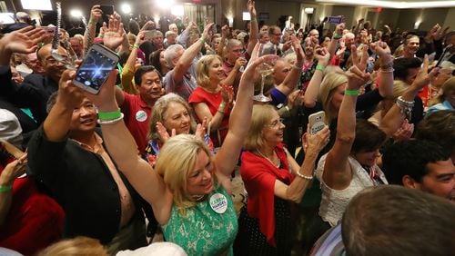 June 20, 2017, Atlanta: Karen Handel supporters celebrate her victory during the election night party in the 6th District race with Jon Ossoff on Tuesday, June 20, 2017, in Atlanta.    Curtis Compton/ccompton@ajc.com