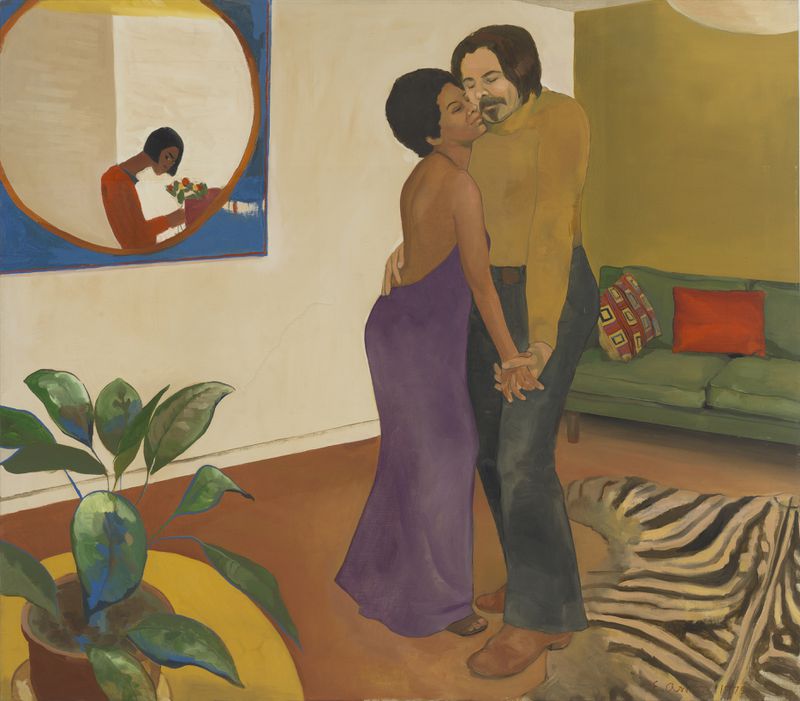 This is one of more than 60 works by the late artist Emma Amos, an Atlanta native whose work will be featured in the Georgia Museum of Art retrospective, "Emma Amos: Color Odyssey," in 2021. “Sandy and Her Husband,” 1973. Oil on canvas, 44 1⁄4 × 50 1/4 inches. Cleveland Museum of Art; John L. Severance Fund, 2018.24.