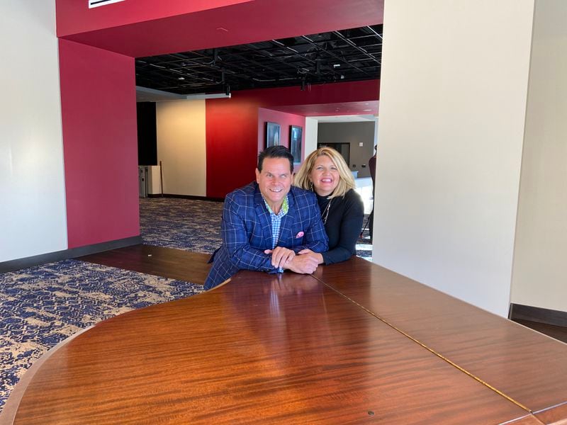 Anthony Rodriguez and Ann-Carol Pence inside the new Aurora Theatre facility.