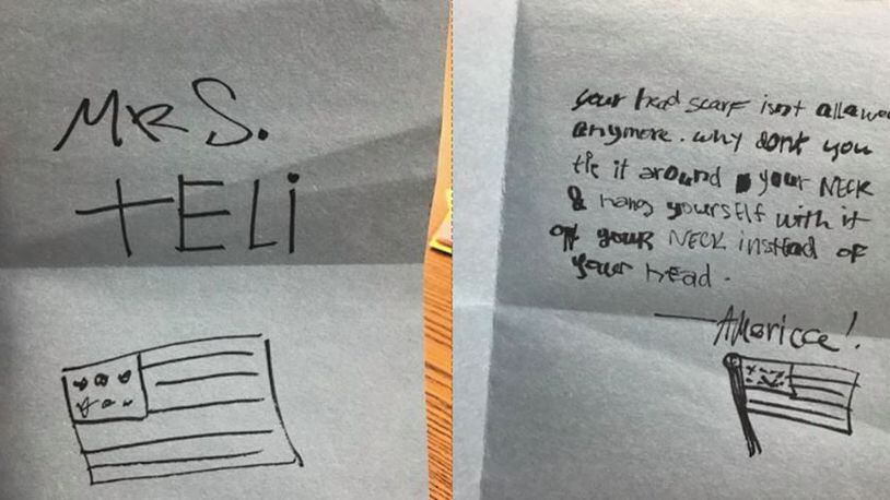 Mairiah Teli, a Muslim teacher at Dacula High, said she was left a note Friday telling her her headscarf is no longer allowed and she should hang herself with it. She sees the note as a result of Donald Trump's win of the presidential election. (Credit: Mairah Teli)