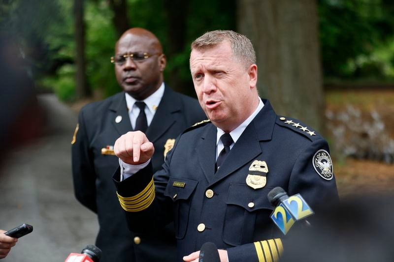 (POLICE TRAINING)  Atlanta Police Chief Darin Schierbaum, flanked by Atlanta Fire Rescue Chief Roderick M. Smith, speaks to press members as the agencies conduct an active shooting drill at the Oakland Cemetery on Thursday, May 18, 2023.  "We are implementing things we learned during the Midtown shooting," Schierbaum said.


Miguel Martinez /miguel.martinezjimenez@ajc.com