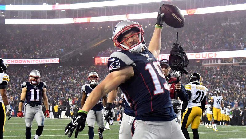 New England Patriots wide receiver Chris Hogan (15) celebrates after scoring a touchdown during the first quarter against the Pittsburgh Steelers in the 2017 AFC Championship Game at Gillette Stadium.