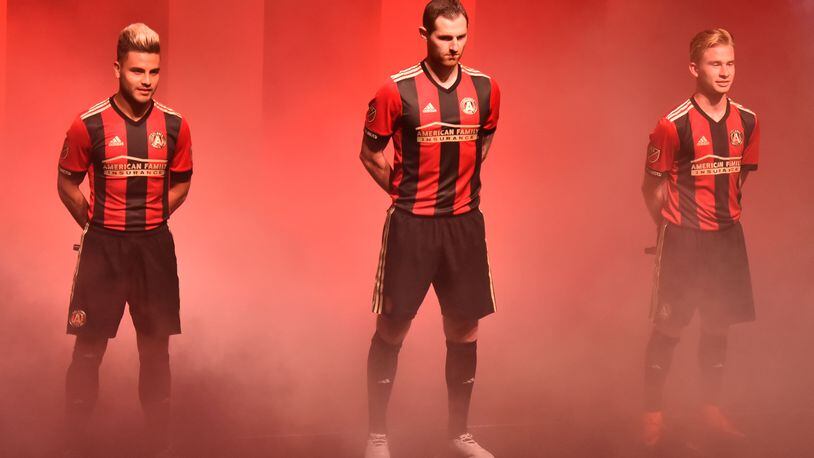 November 15, 2016 Atlanta - Atlanta United FC unveiled their first home kit on Tuesday night at the Tabernacle on Tuesday, November 15, 2016. Kits will be on sale at the event, or can be purchased at www.atlutd.com on Tuesday after the unveiling, or at the team store at Atlantic Station. HYOSUB SHIN / HSHIN@AJC.COM