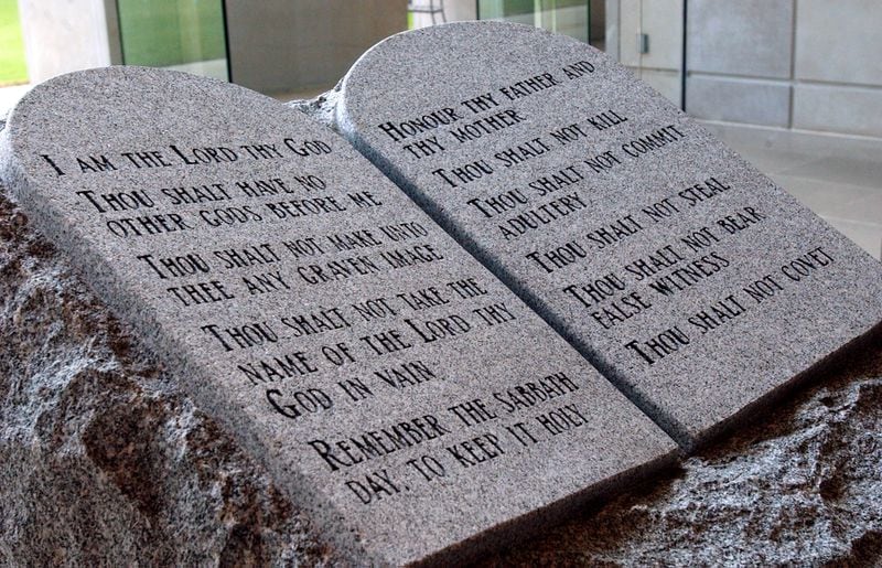 The Ten Commandments monument is pictured in the State Judicial Building in Montgomery, Alabama. Alabama Chief Justice Roy Moore announced his decision in 2003 to defy a federal court order to remove the monument from public display in the building.