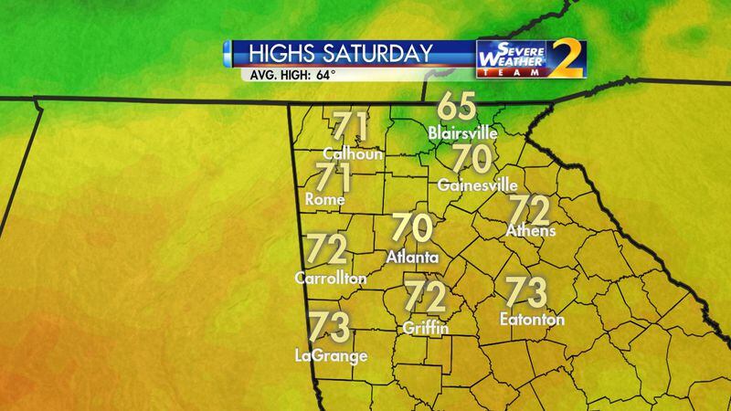 According to the latest forecast, Atlanta could see highs of 70 Friday, Saturday and Monday, and 73 Sunday. (Credit: Channel 2 Action News)