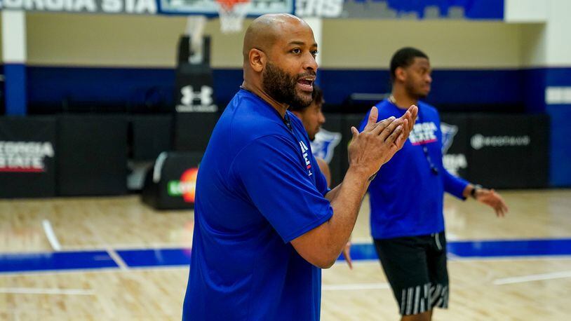 Georgia State basketball coach Jonas Hayes, shown here during summer workouts, had to remain in the locker room for the second half on Saturday's game against Louisiana because of lower back pain.