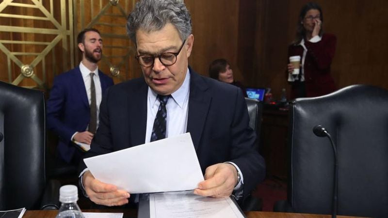 Sen. Al Franken (D-MN) looks over his papers during a Senate Energy and Natural Resources Committee hearing on hurricane recovery efforts in Puerto Rico and US Virgin Islands, on Capitol Hill November 14, 2017 in Washington, DC.  (Photo by Mark Wilson/Getty Images)