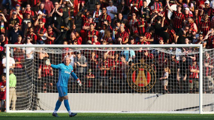 Brad Guzan shouts to his team during  the first half of a match between Atlanta United and Saint Louis FC at Kennesaw State University in Kennesaw, Georgia on Wednesday, July 10, 2019. Atlanta United and Saint Louis FC were tied 0-0 at the end of the first half. Christina Matacotta/Christina.Matacotta@ajc.com