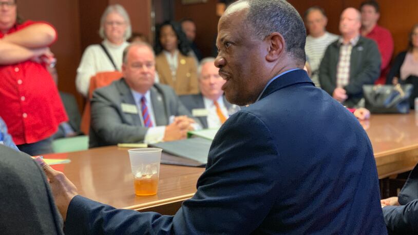 State Rep. David Wilkerson (D-Powder Springs) speaks with fellow Cobb lawmakers and Mableton residents to discuss options for de-annexing some areas out of the city on Monday, February 6, 2023, in Atlanta. (Taylor Croft / taylor.croft@ajc.com)