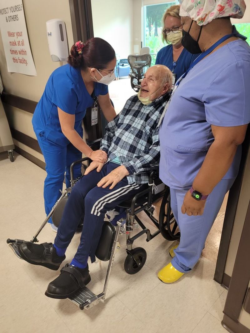 The staff at the Northside Gwinnett Extended Care Center in Lawrenceville said tearful goodbyes to resident Constantine Harris, 99, on Aug. 16, just two months shy of the nursing home closing for good.