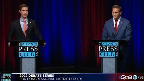 Attorney Jake Evans (left) and emergency room physician Rich McCormick participate in the Atlanta Press Club debate ahead of the Republican runoff in Georgia's 6th Congressional District. Screenshot of Georgia Public Broadcasting livestream.
