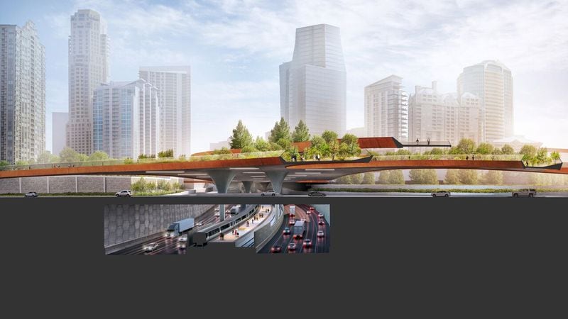 A rendering of a proposed deck park that would cap a portion of Ga. 400 at the Buckhead MARTA station shows a cross section of the transit station with Ga. 400 on either side. Rogers Partners Architects + Urban Designers