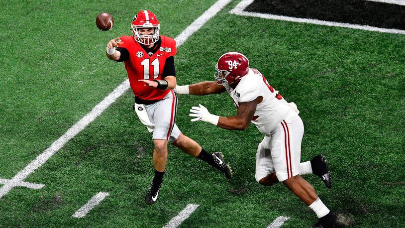 Former Alabama defensive lineman Da’Ron Payne, here pressuring Georgia quarterback Jake Fromm in the college football national championship game in January at Mercedes-Benz Stadium, is among the defensive tackles who could help the Falcons.