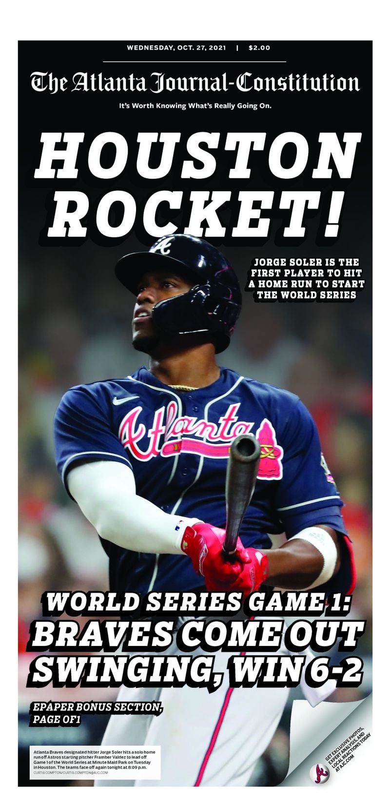 ‘Houston Rocket!’ – Atlanta Braves World Series section in Wednesday Atlanta Journal-Constitution ePaper - Oct. 27 2021