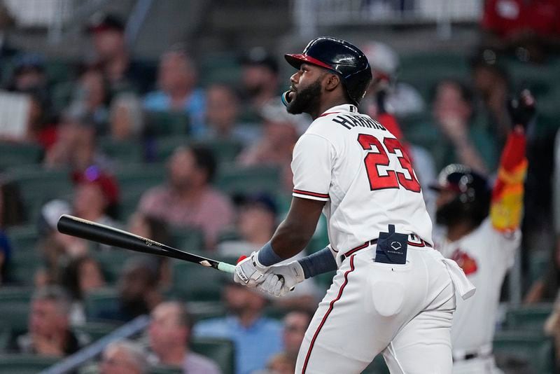 Atlanta Braves' Michael Harris II watches his solo home run in the fifth inning of a baseball game against the Los Angeles Angels, Tuesday, Aug. 1, 2023, in Atlanta. (AP Photo/John Bazemore)