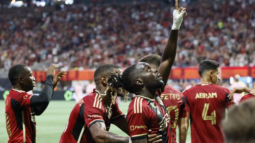Atlanta United midfielder Tristan Muyumba (8) celebrates after scoring his team’s first goal against Inter Miami during the first half of an MLS soccer match at Mercedes-Benz Stadium on Saturday, Sept. 16, 2023, in Atlanta. Miguel Martinez / miguel.martinezjimenez@ajc.com
