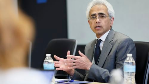 Dr. Ravi Thadhani, executive vice president for health affairs at Emory University, speaks during an editorial board meeting at The Atlanta Journal-Constitution's headquarters on Monday, August 14, 2023. (PHOTO by Miguel Martinez, AJC)
Miguel Martinez /miguel.martinezjimenez@ajc.com