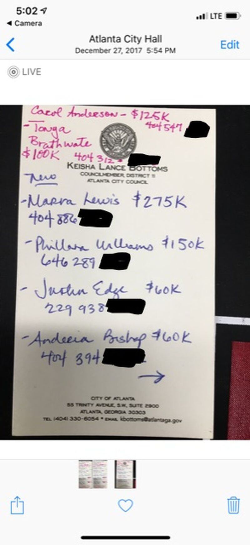 This note from December 2017 on Keisha Lance Bottoms’ City Council stationary shows a list of her mayoral campaign workers and their desired city salaries, according to the former Atlanta Human Resources Commissioner Yvonne Yancy. The note has salary targets, but not specific job titles. The Bottoms administration found placeholder jobs for campaign staff with desired salary levels, but several of the jobs had nothing to do with the employee’s actual duties or qualifications. (Source: Yvonne Yancy)