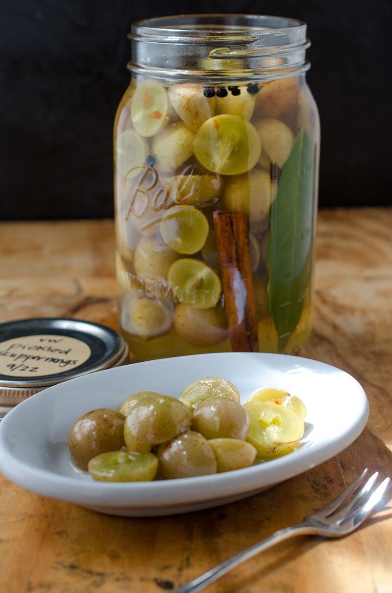 The recipe for Pickled Muscadines works for all types of muscadines, including the scuppernongs pictured in this photo. (Virginia Willis for The Atlanta Journal-Constitution)