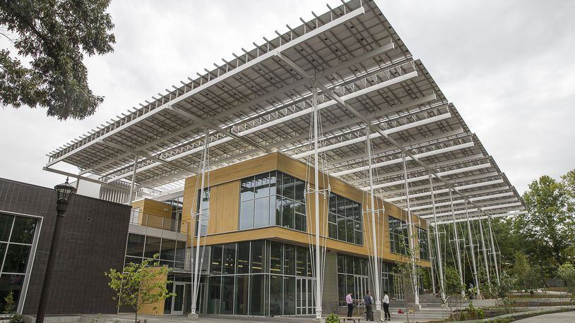 This shows the exterior of the Kendeda Building for Innovative Sustainable Design at Georgia Tech. The building opened Oct. 24 and is the first building of its scale in the Southeast to seek Living Building certification. ALYSSA POINTER / ALYSSA.POINTER@AJC.COM