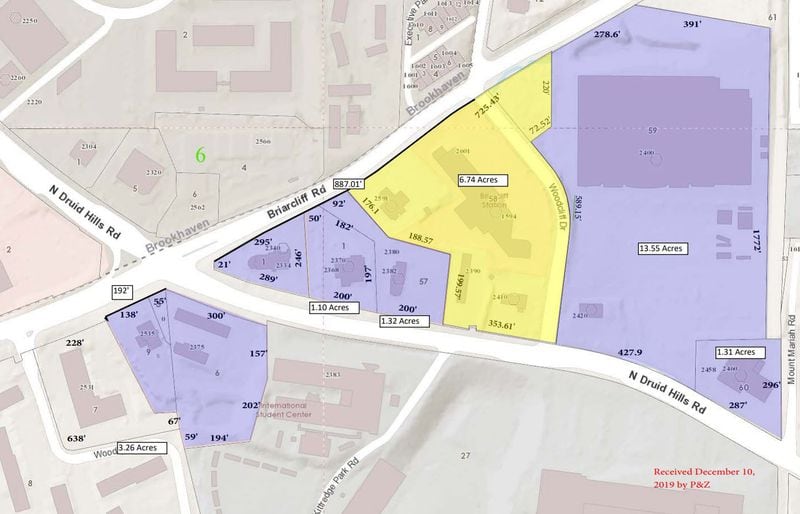 The area shown in purple and yellow is what property owners hope to annex into the city of Brookhaven. The area in yellow is proposed for a redevelopment.