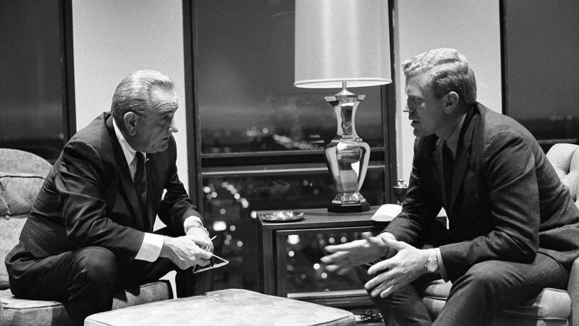 An undated photo provided by the Lyndon B. Johnson Presidential Library shows Ben Barnes, right, with President Lyndon Johnson. Nearly 43 years later, a prominent Texas politician said he was an unwitting part of a mission to sabotage President Carter’s campaign.  (Lyndon B. Johnson Presidential Library via The New York Times)