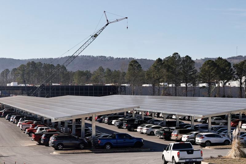 Views of solar panels in the parking lot of Qcells plant in Dalton, Ga. As seen on Tuesday, January 10, 2023.  (Natrice Miller/natrice.miller@ajc.com)  