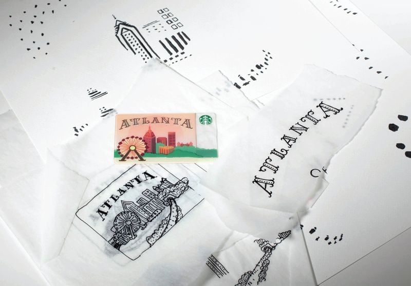 Sketches by Rachel Spence, a designer for Starbucks Global Creative, for a gift card celebrating Atlanta, part of Starbucks' "city card" collectibles series. The original sketches indicate that the Beltline and the streetcar were part of an earlier version of the card's artwork. (image provided by Starbucks)