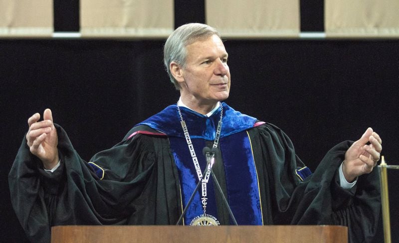 President G.P. “Bud” Peterson speaks to the crowd during the Georgia Tech graduation commencement ceremony at the McCamish Pavilion Saturday, May 5, 2018. STEVE SCHAEFER / SPECIAL TO THE AJC.