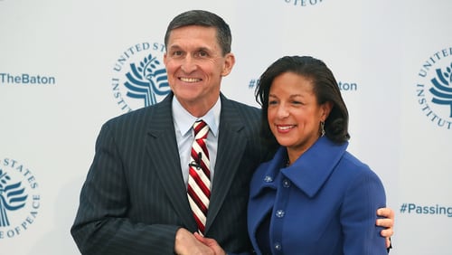 WASHINGTON, DC - JANUARY 10:  White House National Security Adviser Susan Rice, shakes hands with incoming White House National Security Advisor Gen. Michael Flynn, during the 2017 Passing The Baton conference at the United States Institute of Peace, on January 10, 2017 in Washington, DC.  (Photo by Mark Wilson/Getty Images)